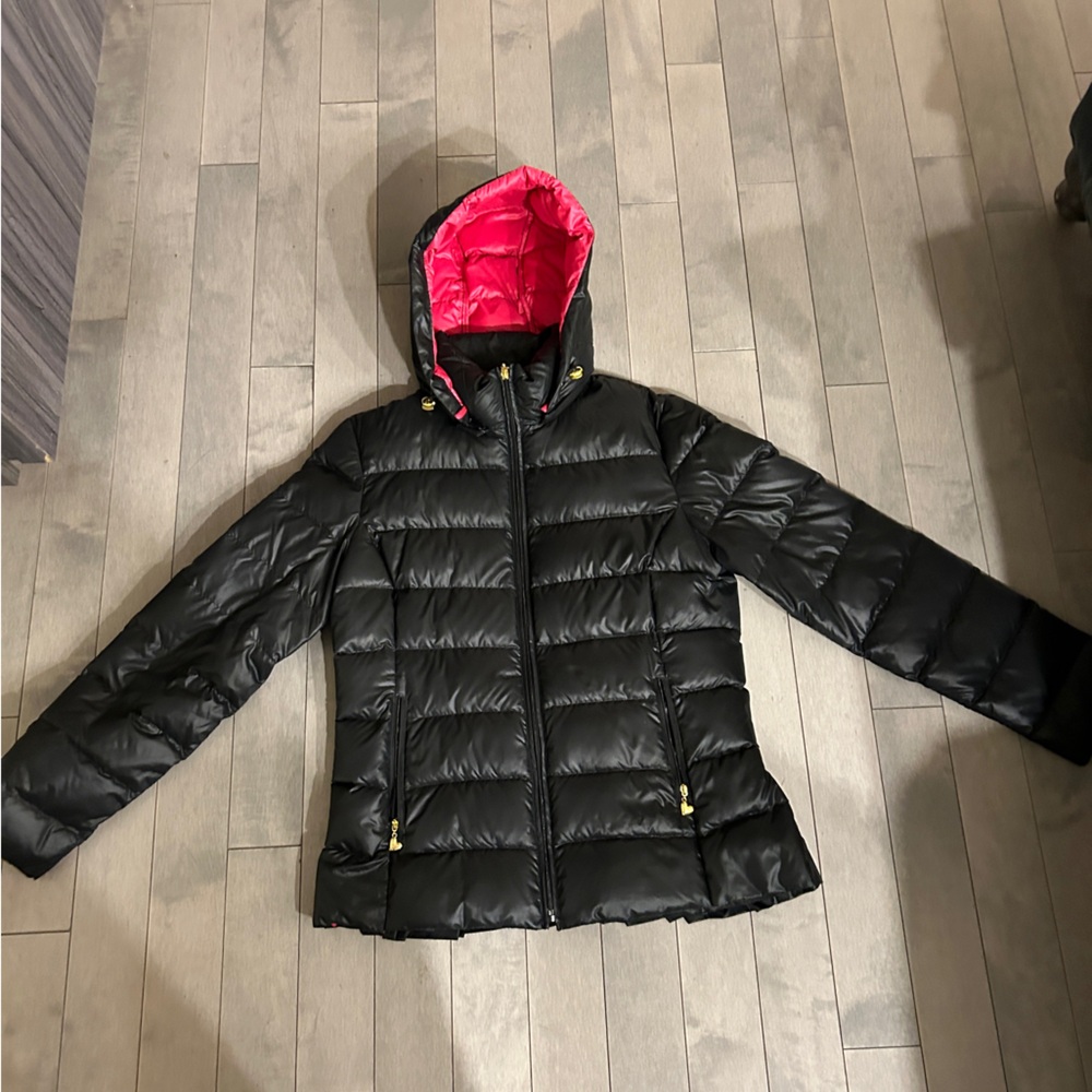 Betsey Johnson Black Puffer Jacket with Pink Hood Lining